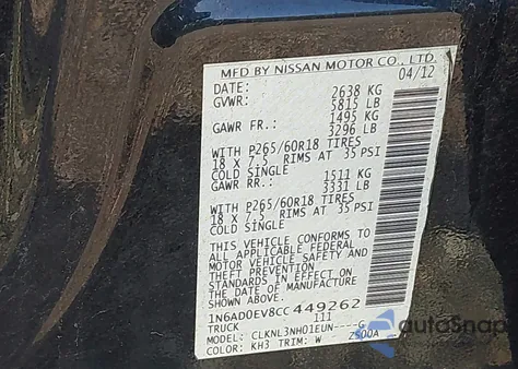 2012 Nissan Frontier Sl z USA, uszkodzony, nr VIN 1N6AD0EV8CC449262